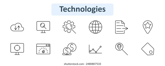 Technologies set icon. Cloud sync, search monitor, gear search, globe, document, location star, target monitor, speed browser, dollar coins, line graph, map pin, tag. Tech, data, internet, analysis