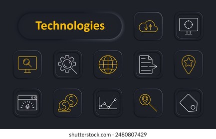 Technologies set icon. Cloud upload, cloud server, computer search, gear search, globe, document, location pin, speedometer, dollar coins, graph. Internet, IT, digital solutions concept.