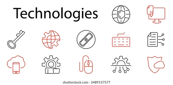 Technologies set icon. Cybersecurity, cloud computing, hardware, internet, coding, data storage, online security, software, IT, network, digital, technology, encryption.