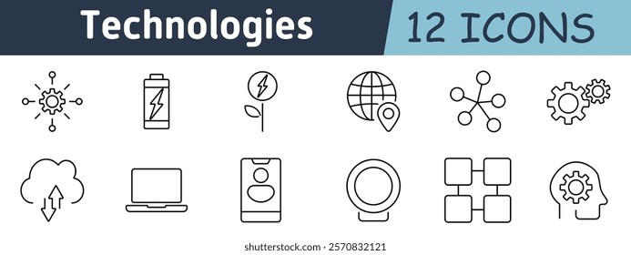 Technologies set icon. Gear connection, battery, green energy, globe, location, mechanism, cloud upload, laptop, user interface, connection diagram, head with gears