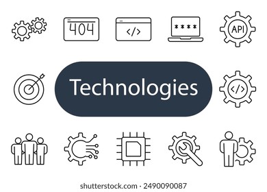 Technologies set icon. Gears, 404 error, code, password, API, target, team, circuit, chip, magnifying glass. Concepts of tech and innovation.