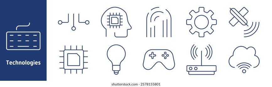 Technologies set icon. Keyboard, circuit, AI, fingerprint, chip, gear, game controller, wifi, cloud, signal. Represent innovation, gaming, connectivity, and digital tools