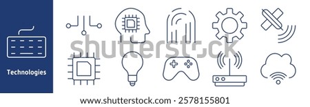 Technologies set icon. Keyboard, circuit, AI, fingerprint, chip, gear, game controller, wifi, cloud, signal. Represent innovation, gaming, connectivity, and digital tools