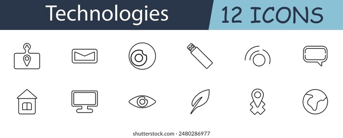 Technologies set icon. Location pin, envelope, camera, USB, wifi, message, house, monitor, eye, feather. Digital devices, communication tools, tech accessories concept.