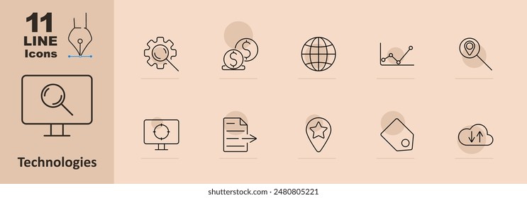 Technologies set icon. Magnifier, gear, money, globe, graph, monitor, target, document, location, favorite, cloud, analytics, search, optimization, online, finance, data.