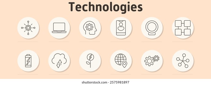 Technologies set icon. Network, laptop, AI gear, smart speaker, webcam, blockchain, battery, cloud upload, electricity, globe location, settings, nodes
