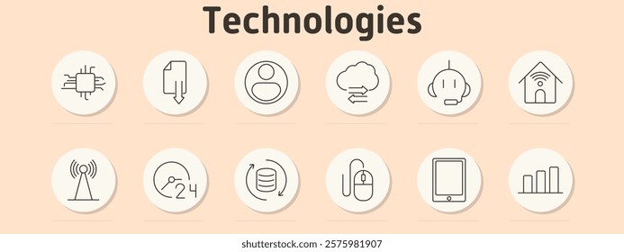 Technologies set icon. Processor, download file, user profile, cloud exchange, chatbot, smart home, antenna, 24 hours, database, mouse, tablet, graph