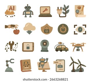 Tecnologias definidas em estilo escandinavo com automação robótica de inteligência artificial segurança cibernética inovação energia renovável dispositivos de comunicação aplicações de educação transporte