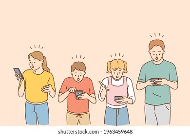 Technologies and shock concept. Shocked schoolkids children cartoon characters looking into their mobile phones feeling surprised vector illustration 