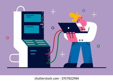 IT technologies and software concept. Young positive expert professional specialist standing and checking supercomputer server laptop vector illustration 