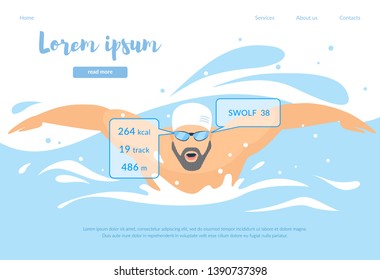 Technologies in Sport Horizontal Banner. Male Swimmer Character in Rubber Hat and Smart Glasses Showing Distance and Speed Swim in Pool Breaststroke Style. Healthy Lifestyle Cartoon Flat Illustration