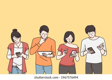 Technologies and surprise concept. Surprised teens children cartoon characters looking into their mobile phones feeling surprised and positive vector illustration 