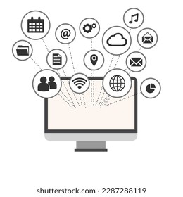 technologies that can be used through a computer, communication icons, communication, Internet, music, friends, SMS