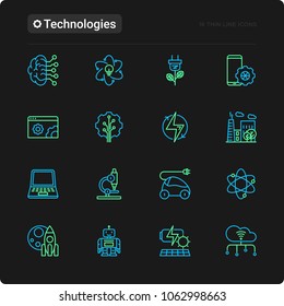 Technologies thin line icons set: electric car, rocket, robotics, solar battery, machine intelligence, web development. Vector illustration for black theme.