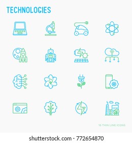 Technologies thin line icons set: electric car, rocket, robotics, solar battery, machine intelligence, web development. Vector illustration.