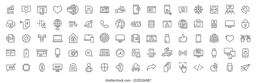 Colección de iconos de tecnologías y línea web. Gran conjunto de iconos de la interfaz de usuario. Paquete de iconos de contorno delgado. Ilustración vectorial eps10
