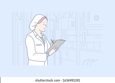 Technologist, production quality control concept. Young woman technologist is checking equipment condition in factory. Girl inspector examines production quality control in plant. Simple flat vector.