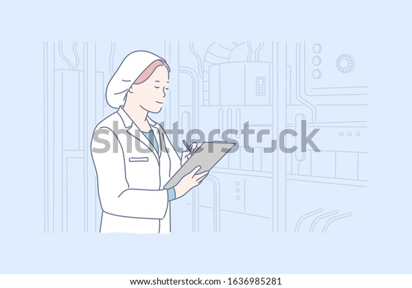 Technologist, production quality control concept.\
Young woman technologist is checking equipment condition in\
factory. Girl inspector examines production quality control in\
plant. Simple flat\
vector.