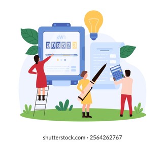 Technologists interact with a mobile interface for an electric car charging station, integration of technology and eco-friendly transportation solutions vector illustration.