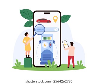 Technologists interact with a mobile interface for an electric car charging station, illustrating the integration of technology and eco-friendly transportation solutions.