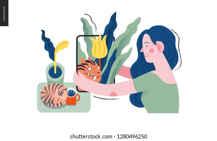 Technology 1 -Augmented reality, modern flat vector concept digital illustration -augmented reality metaphor -woman with tablet. Creative landing web page design template