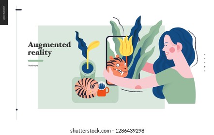 Technology 1 -Augmented reality, modern flat vector concept digital illustration -augmented reality metaphor -woman with tablet. Creative landing web page design template