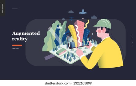Technology 1 -Augmented reality, modern flat vector concept digital illustration -augmented reality metaphor - man with tablet. Creative landing web page design template