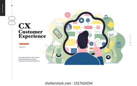 Technology 1 -CX customer experience - modern flat vector concept digital illustration of user or customer experience, a user in front of interface. Creative landing web page design template