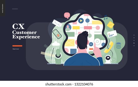 Technology 1 -CX customer experience - modern flat vector concept digital illustration of user or customer experience, a user in front of interface. Creative landing web page design template