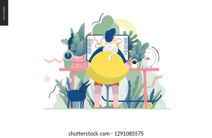 Technology 1 -Home Office - modern flat vector concept digital illustration home office metaphor, a freelancer guy working at home with pets and plants. Creative landing web page design template