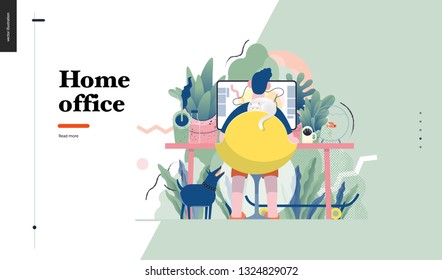 Technology 1 -Home Office - modern flat vector concept digital illustration home office metaphor, a freelancer guy working at home with pets and plants. Creative landing web page design template