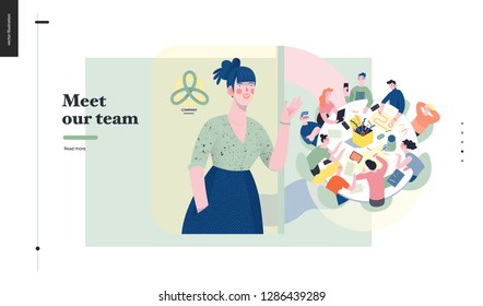 Tecnología 1 - Conozca a nuestro equipo - moderna metáfora del equipo de ilustración digital de vectores planos, presentación de la empresa. Flujo de trabajo y gestión de equipos Plantilla de diseño de página web de inicio creativo