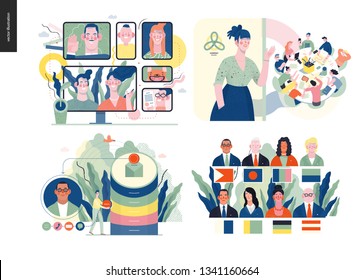 Technology 1 set - modern flat vector concept digital illustration- Video Conferencing Technology, Meet our team, CRM Customer Relationship Management, Political leaders meeting. Creative web template