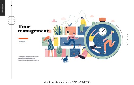 Technology 1 -Time management - modern flat vector concept digital illustration of time management metaphor, a stopwatch, timeline and people in workflow. Creative landing web page design template