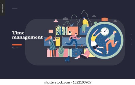 Technologie 1 - Zeitmanagement - moderne flache Vektorgrafik-Konzept, digitale Illustration der Zeitmanagement-Metapher, eine Stoppuhr, Timeline und Menschen im Workflow. Design-Vorlage für kreative Landing-Webseiten