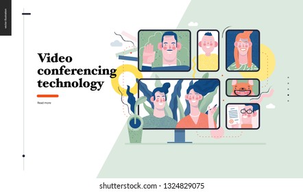 Technology 1 -Video conferencing technology - modern flat vector concept digital illustration video conference metaphor, digital communication. Creative landing web page design template