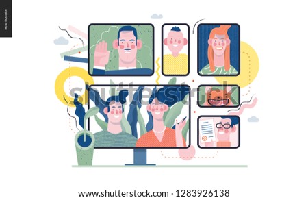 Technology 1 -Video conferencing technology - modern flat vector concept digital illustration video conference metaphor, digital communication. Creative landing web page design template