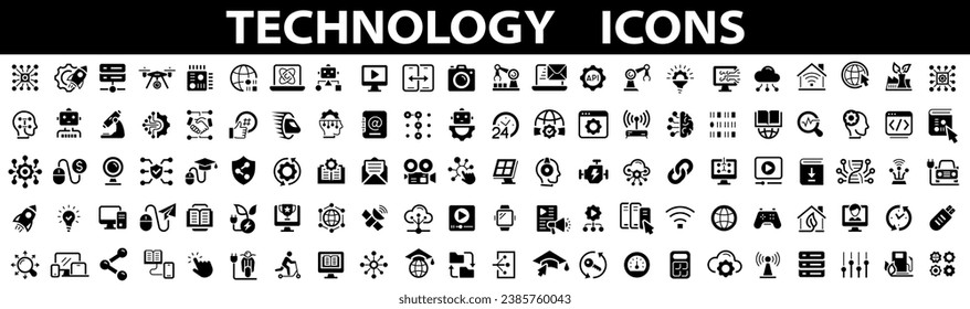 Conjunto de iconos de la tecnología 110. Gran icono de la interfaz de usuario. Conteniendo fábrica, 5g, ai, robótica, nube, automatización, iot, comunicación, geolocalización, programación y muchos más. Un gran icono en un estilo plano.