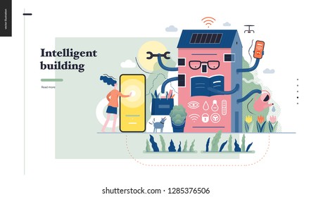 Technology 1-Intelligent building, modern flat vector concept digital illustration Smart house and management metaphor -woman and building resolving problems. Creative landing web page design template