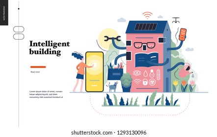 Technology 1-Intelligent building, modern flat vector concept digital illustration Smart house and management metaphor -woman and building resolving problems. Creative landing web page design template