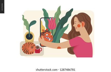 Technology 2 -Augmented reality, modern flat vector concept digital illustration -augmented reality metaphor -woman with tablet. Creative landing web page design template