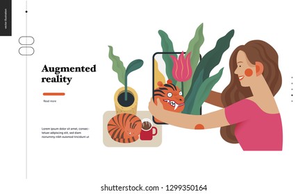 Technology 2 -Augmented reality, modern flat vector concept digital illustration -augmented reality metaphor -woman with tablet. Creative landing web page design template