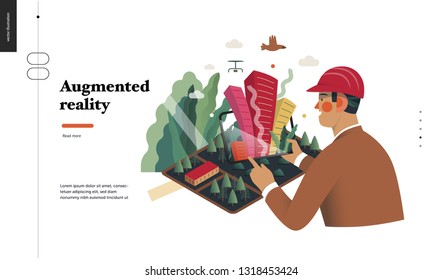 Technology 2 -Augmented reality, modern flat vector concept digital illustration -augmented reality metaphor - man with tablet. Creative landing web page design template