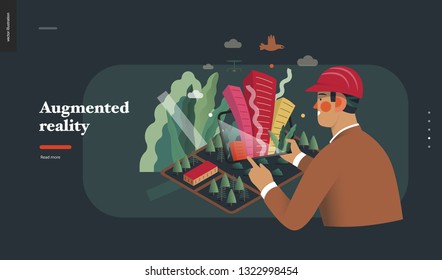 Technology 2 -Augmented reality, modern flat vector concept digital illustration -augmented reality metaphor - man with tablet. Creative landing web page design template