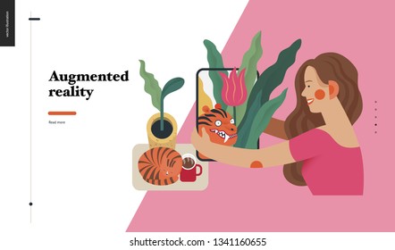 Tecnología 2 -Realidad aumentada, concepto de vector plano moderno ilustración digital -metáfora de realidad aumentada- mujer con tablet. Plantilla de diseño de página web de aterrizaje creativo