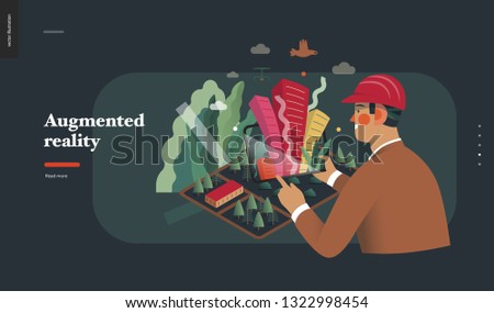 Technology 2 -Augmented reality, modern flat vector concept digital illustration -augmented reality metaphor - man with tablet. Creative landing web page design template