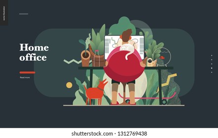 Technology 2 -Home Office - modern flat vector concept digital illustration home office metaphor, a freelancer guy working at home with pets and plants. Creative landing web page design template