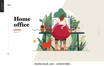 Technology 2 -Home Office - modern flat vector concept digital illustration home office metaphor, a freelancer guy working at home with pets and plants. Creative landing web page design template