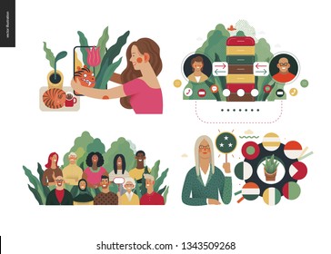Technology 2 set - modern flat vector concept digital illustration- Augmented reality, CRM Customer Relationship Management, Political leaders meeting, Diversity. Creative landing web design template