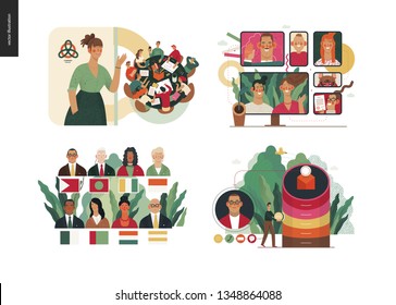 Technology 2 set - modern flat vector concept digital illustration- Video Conferencing Technology, Meet our team, CRM Customer Relationship Management, Political leaders meeting. Creative web template